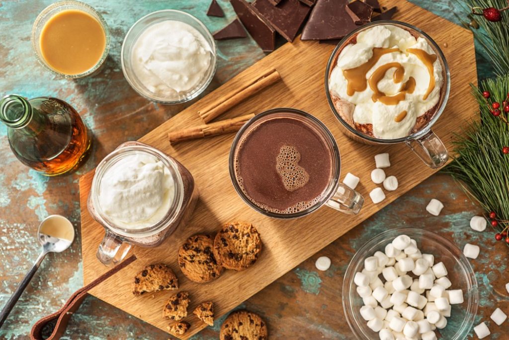 hot chocolate recipe image, marshmallows on a chopping board 
