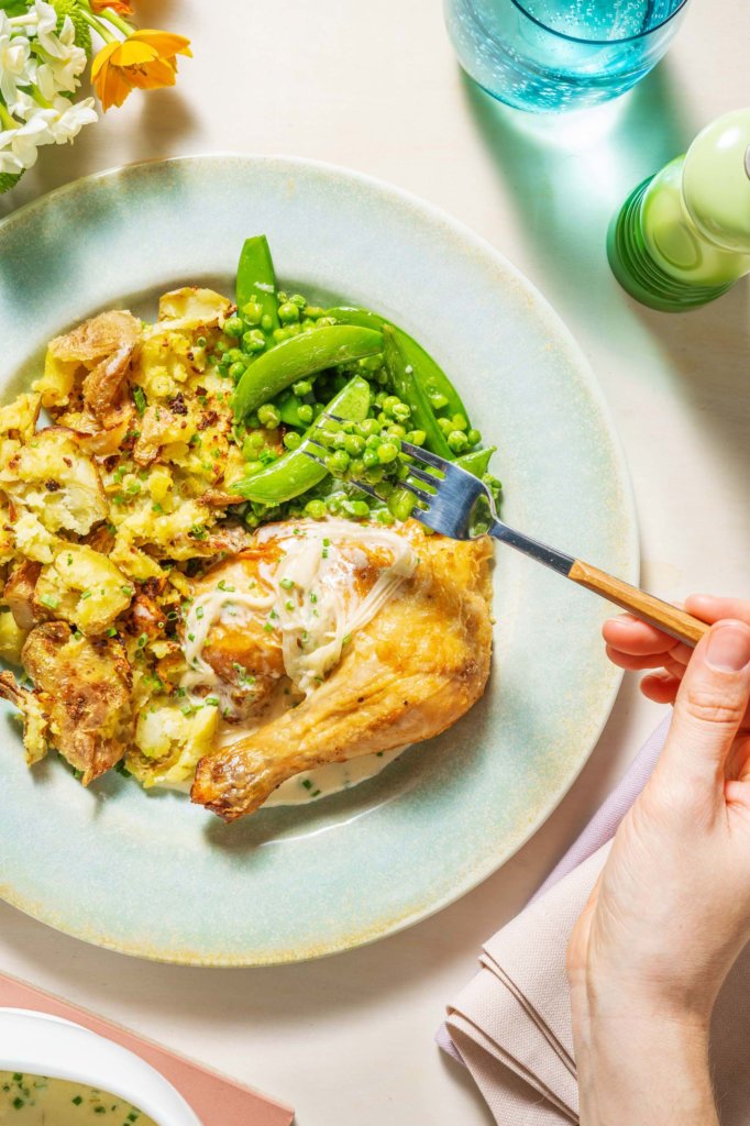 Truffled Roast Chicken and Creamy Chive Sauce, with Cheesy Italian-Style Potatoes, Peas and Sugar Snaps recipe image