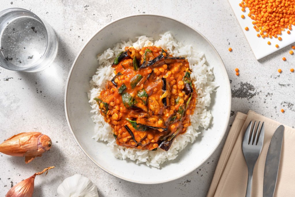 Red Lentil and Spinach Dal with Roasted Aubergine and Basmati Rice