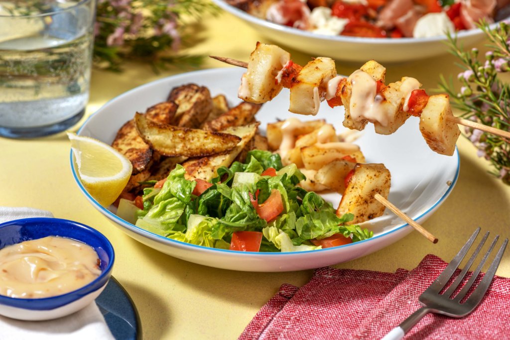 Halloumi and Pepper Skewers with Sweet Chilli, Spiced Wedges and Baby Gem Salad recipe image