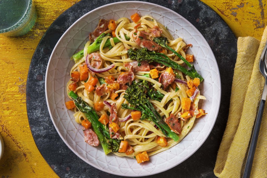 Serrano Ham and Butternut Linguine with Tenderstem® Broccoli and Creme Fraiche recipe image