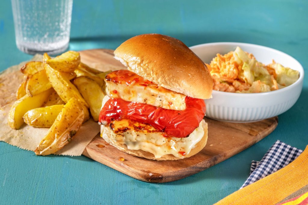 Halloumi Burger and Wedges with Roasted Pepper and Sweet Chilli Sauce recipe image 