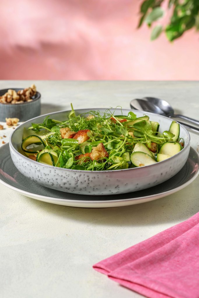 Lemon Dressed Courgette Ribbon Salad with Crushed Walnuts and Pea Shoots recipe image