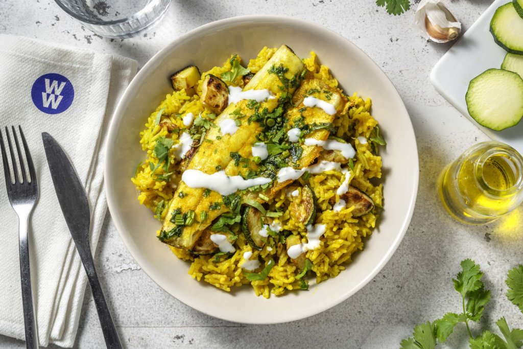 Turmeric and Coriander Marinated Sea Bass with Sri Lankan Style Rice and Courgette