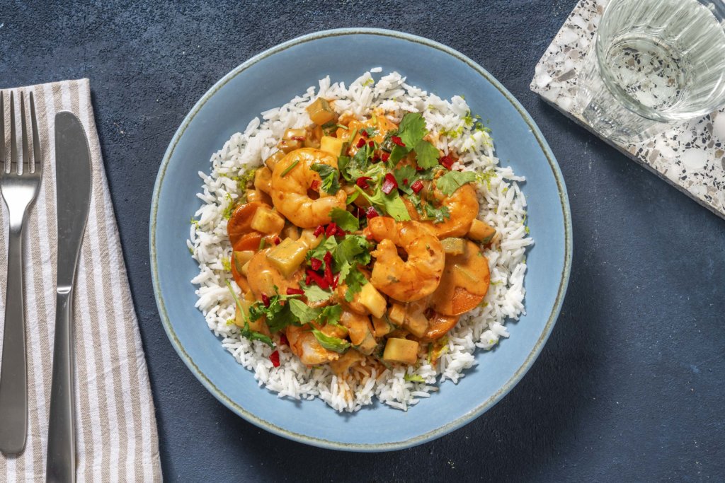 Prawn Red Thai Style Curry with Courgette and Basmati Rice recipe image