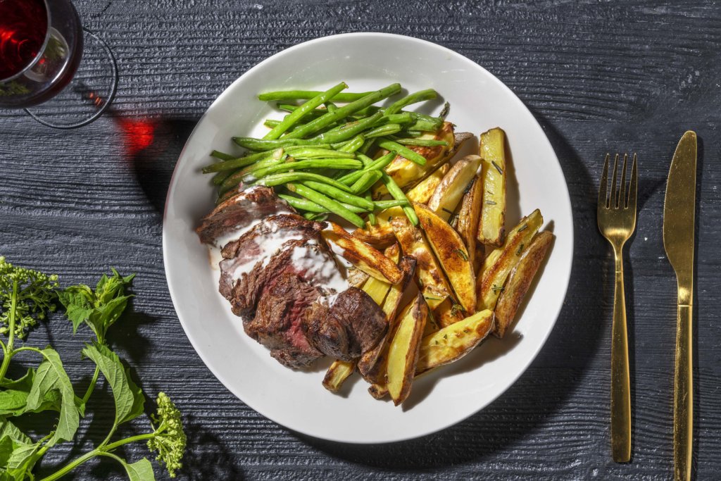 Fillet Steak and Blue Cheese Sauce with Rosemary Fries and Green Beans recipe image