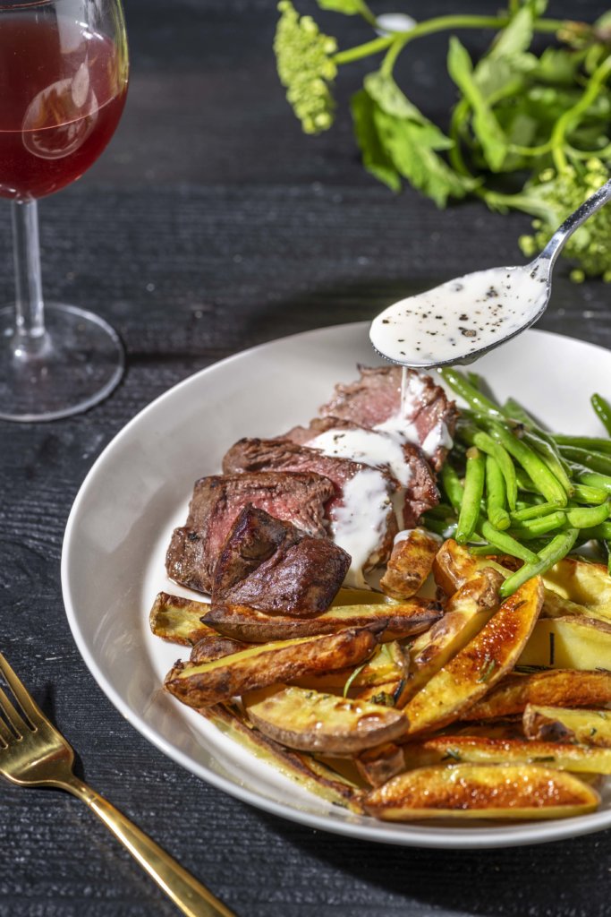 Fillet Steak and Blue Cheese Sauce with Rosemary Fries and Green Beans image