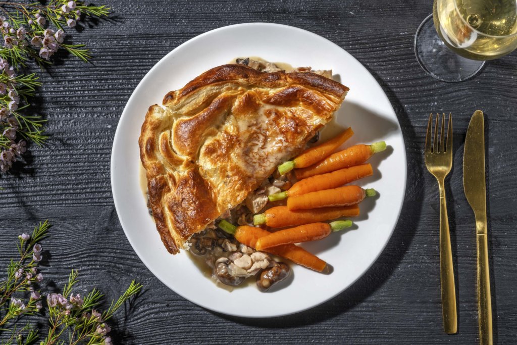 Truffled Chicken, Bacon and Mushroom Pie with Honey Butter Glazed Chantenay Carrots