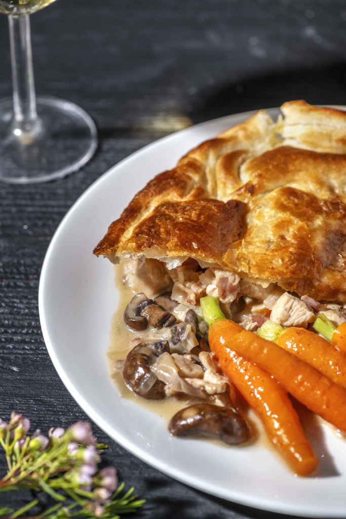 Truffled Chicken, Bacon and Mushroom Pie with Honey Butter Glazed Chantenay Carrots