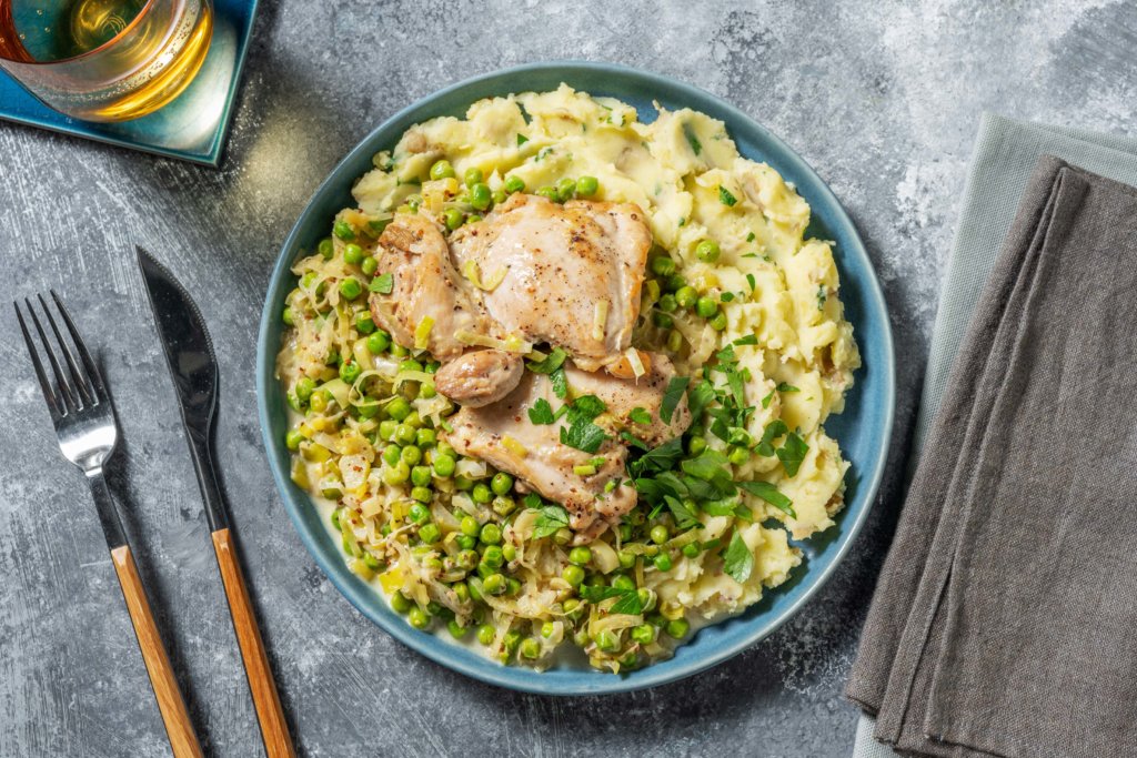 Creamy Leek and Mustard Chicken with Peas and Parsley Mash image