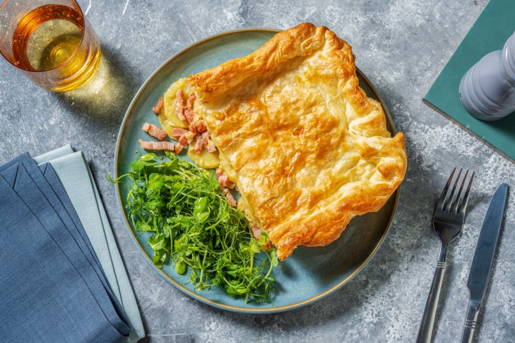 Creamy Potato, Bacon and Cheddar Pie with Onion Marmalade and Pea Shoots image