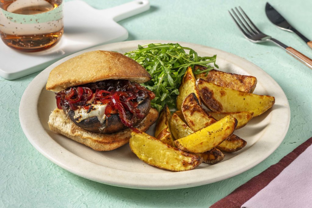 Mushroom and Goat's Cheese Burger with Balsamic Onions, Pea Shoots and Rosemary Wedges