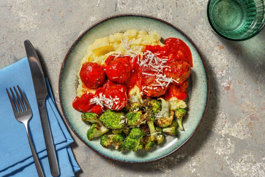 Pork Meatballs in Cajun Tomato Sauce with Cheesy Mash and Roasted Broccoli