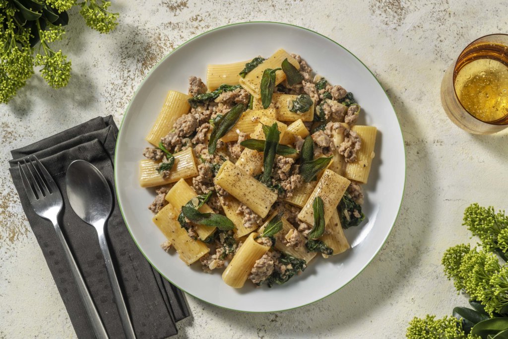 Sausage Stuffing Inspired Pasta with Creamy Sauce, Crispy Sage and Spinach recipe image