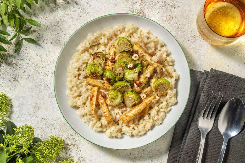 Truffled Cacio e Pepe Risotto with Hazelnuts, Rosemary Brussels Sprouts and Parsnip recipe image