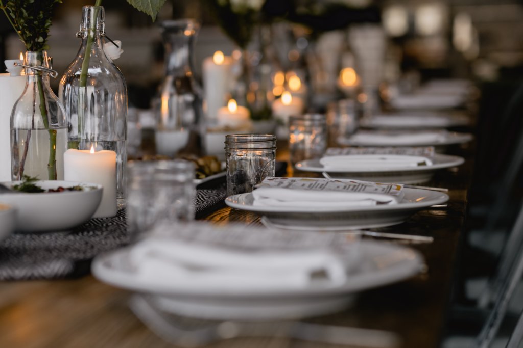 Dinner table arrangement with candles