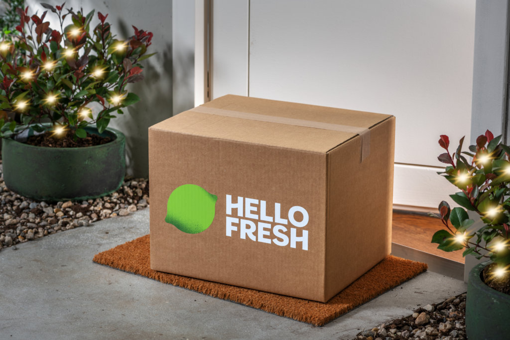 HelloFresh Box at Christmas Doorstep with lights
