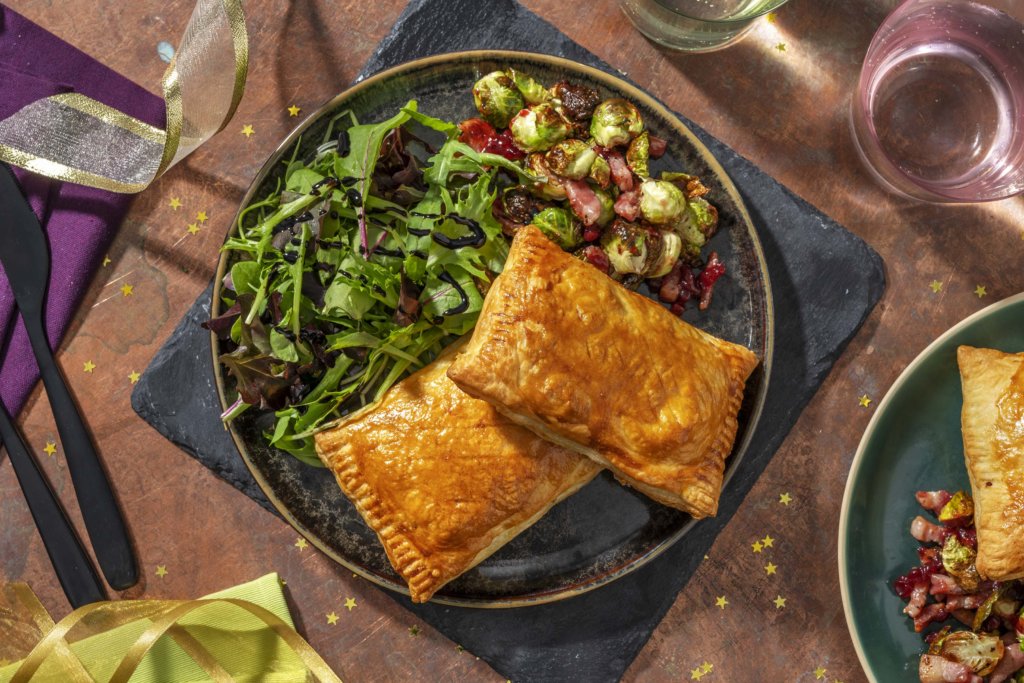 Christmas Stuffing Inspired Empanadas with Redcurrant Glazed Bacon Sprouts and Balsamic Glazed Salad