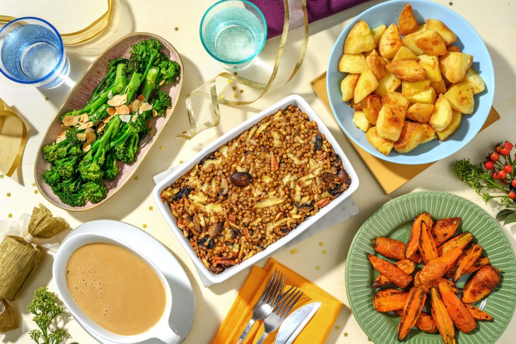 Festive Parsnip, Lentil and Mushroom Nut Roast with Gravy, Roast Potatoes, Chantenay Carrots and Tenderstem®
