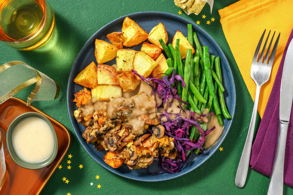 Ultimate Sweet Potato and Mushroom Nut Roast with Gravy, Roast Potatoes, Redcurrant Cabbage and Green Beans
