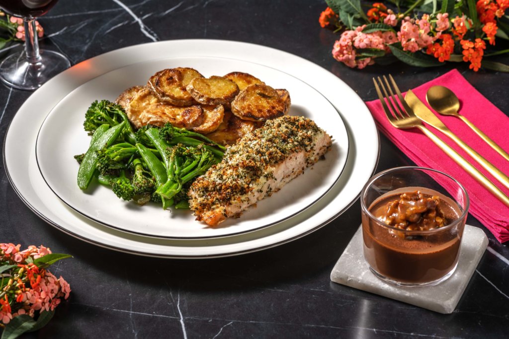 Date Night Herb Crusted Salmon Fillet, followed by an indulgent Salted Caramel Chocolate Pot Dessert recipe image