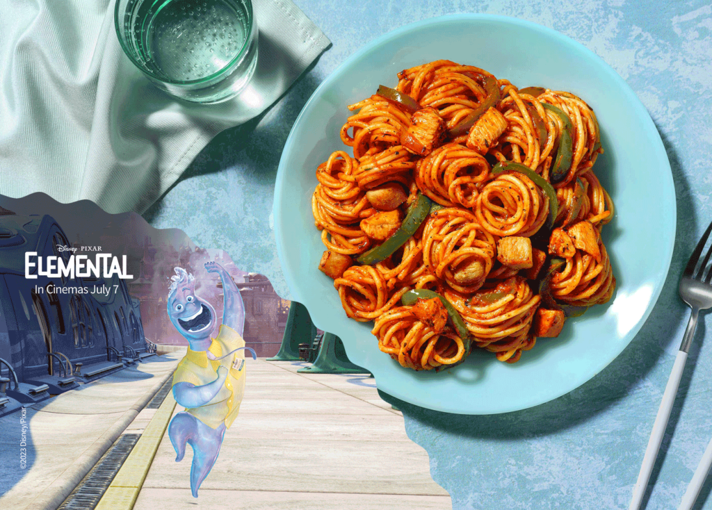 Fajita Style Whirlpool Spaghetti with Bell Pepper, Onion and Cheese recipe image with Disney and Pixar's Elemental 